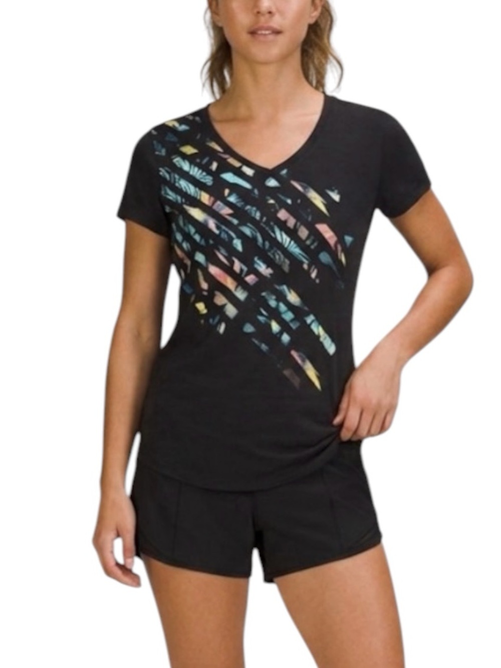 Tek Gear Black Colorful Geometric T Shirt size Small Athletic Casual Sport